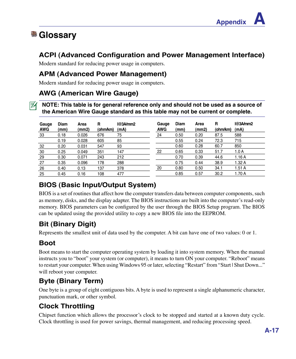 Glossary, Appendix, A-17 | Apm (advanced power management), Awg (american wire gauge), Bios (basic input/output system), Bit (binary digit), Boot, Byte (binary term), Clock throttling | Asus VX3 User Manual | Page 73 / 89