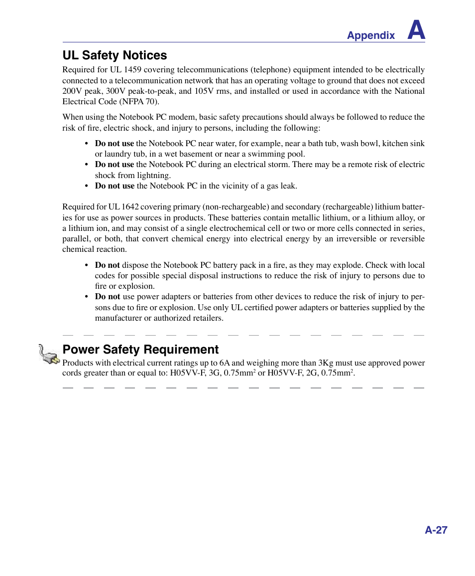 Ul safety notices, Power safety requirement | Asus VX3 User Manual | Page 83 / 89