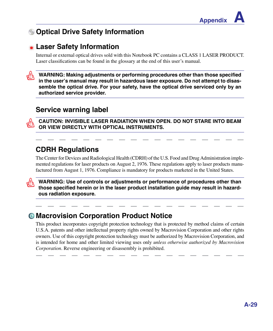 Service warning label, Cdrh regulations, Macrovision corporation product notice | Asus VX3 User Manual | Page 85 / 89