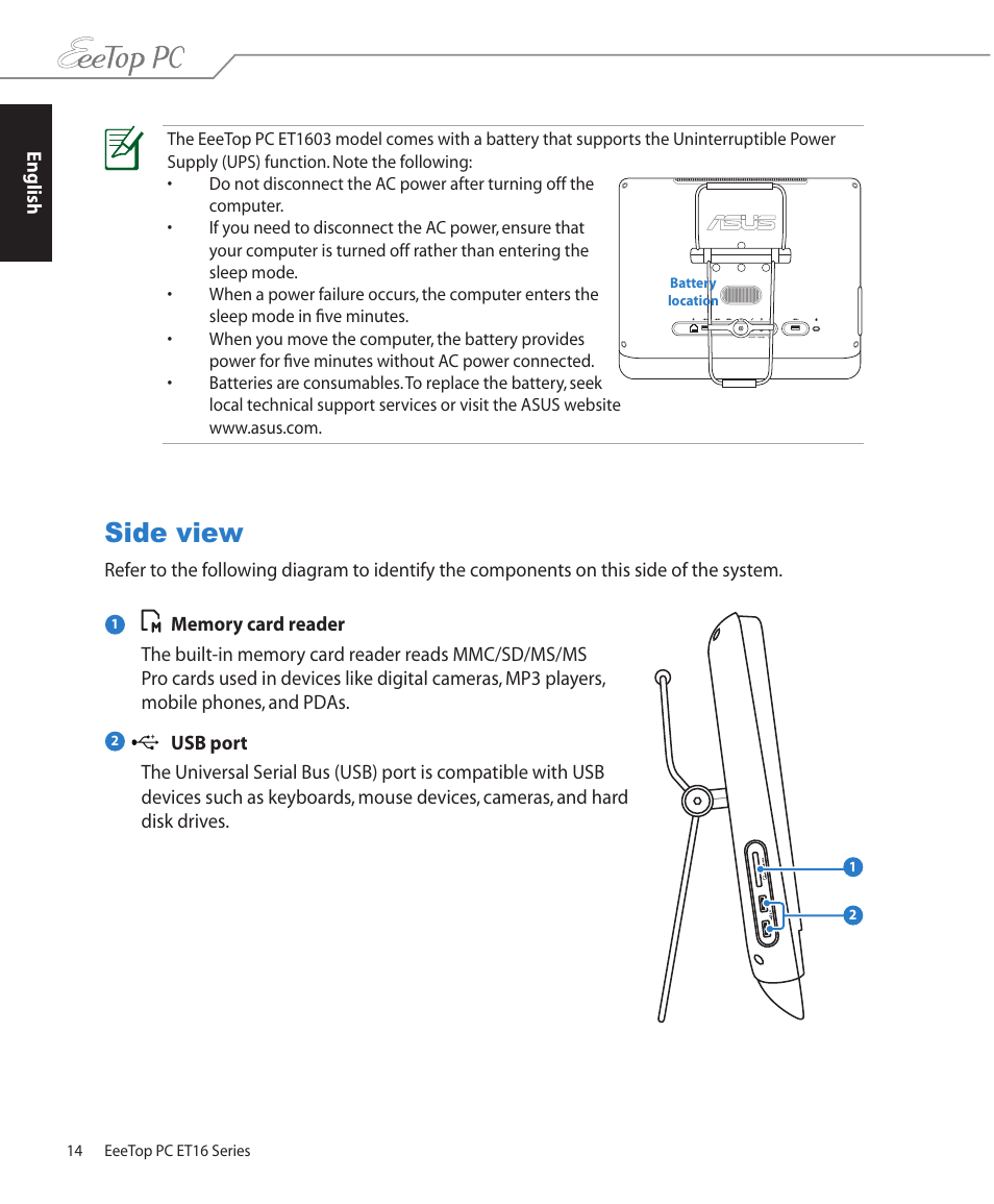 Side view | Asus ET1602C User Manual | Page 14 / 36