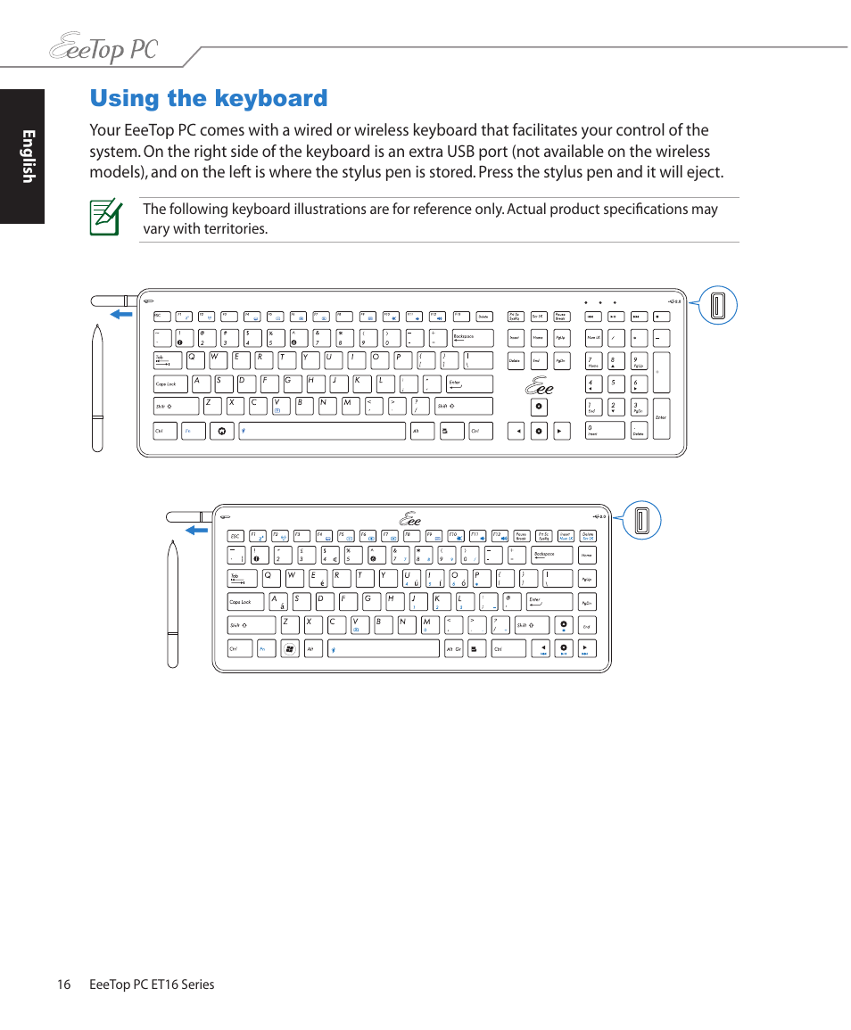 Using the keyboard | Asus ET1602C User Manual | Page 16 / 36