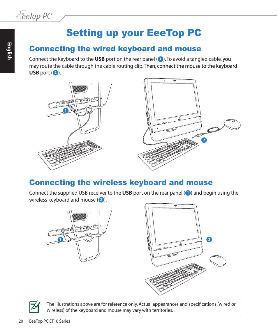 Setting up your eeetop pc, Connecting the wired keyboard and mouse, Connecting the wireless keyboard and mouse | Asus ET1602C User Manual | Page 20 / 36