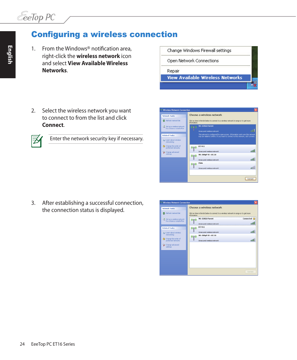 Configuring a wireless connection | Asus ET1602C User Manual | Page 24 / 36