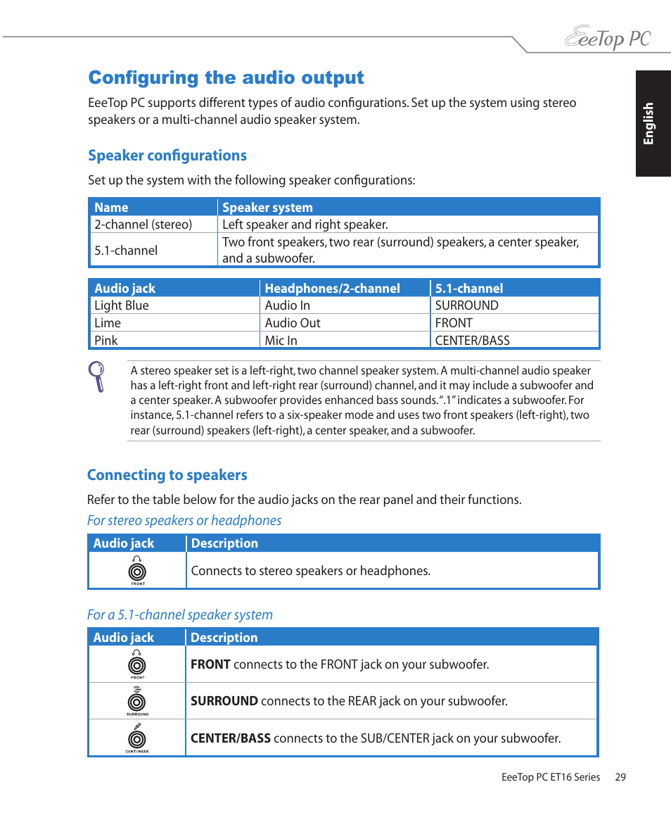 Configuring the audio output, Speaker configurations, Connecting to speakers | Asus ET1602C User Manual | Page 29 / 36