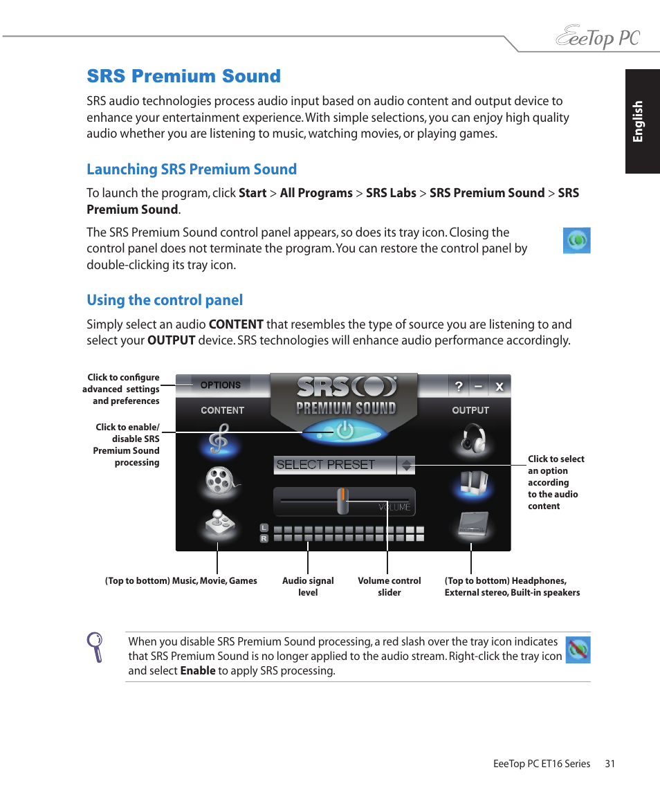 Srs premium sound, Launching srs premium sound, Using the control panel | Asus ET1602C User Manual | Page 31 / 36