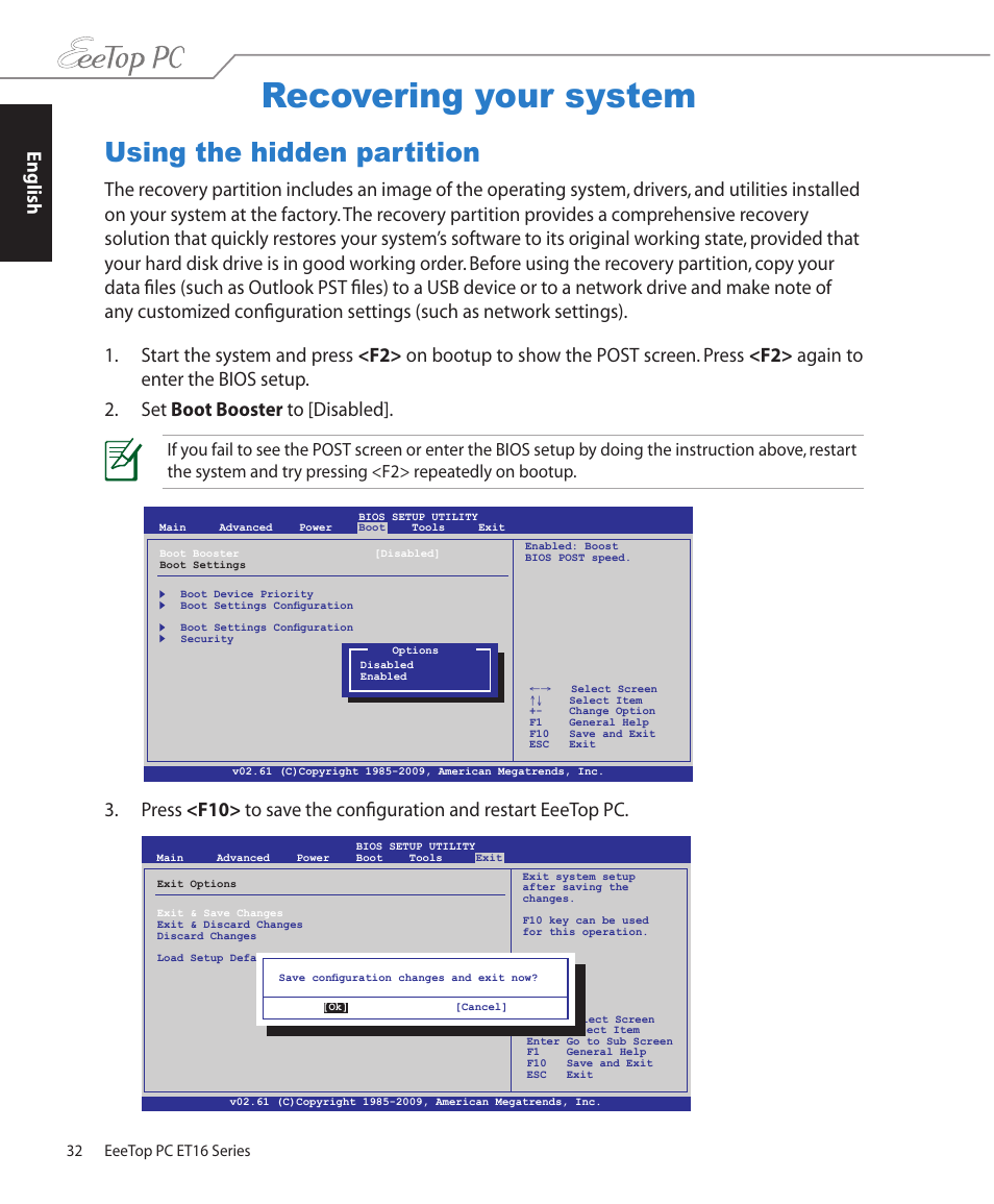 Recovering your system, Using the hidden partition, English | Asus ET1602C User Manual | Page 32 / 36