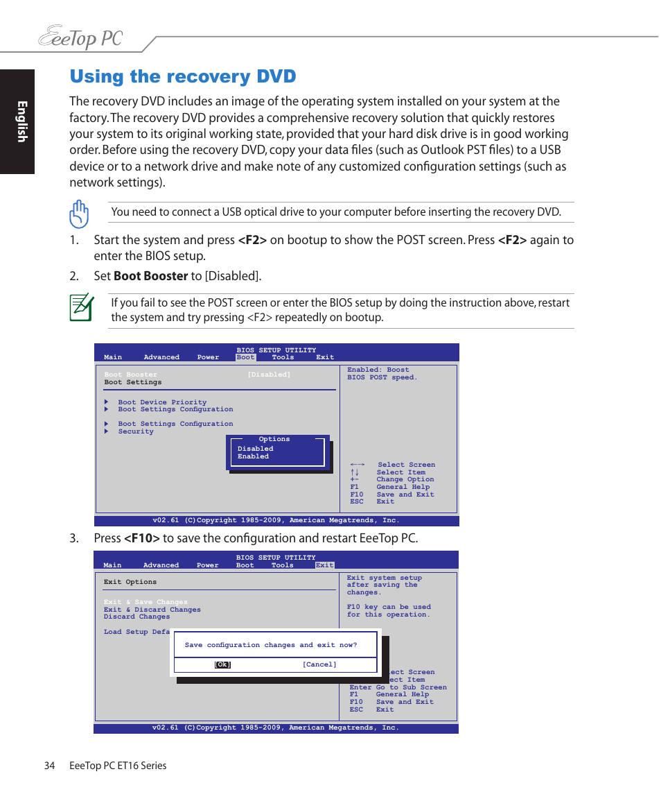 Using the recovery dvd, English, 34 eeetop pc et16 series | Asus ET1602C User Manual | Page 34 / 36