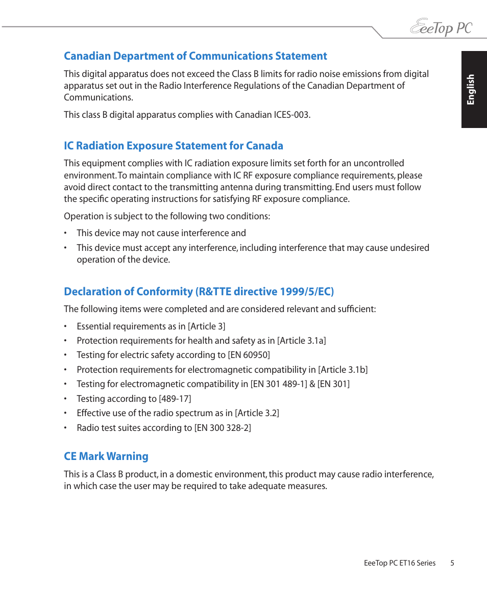 Canadian department of communications statement, Ic radiation exposure statement for canada, Ce mark warning | Asus ET1602C User Manual | Page 5 / 36