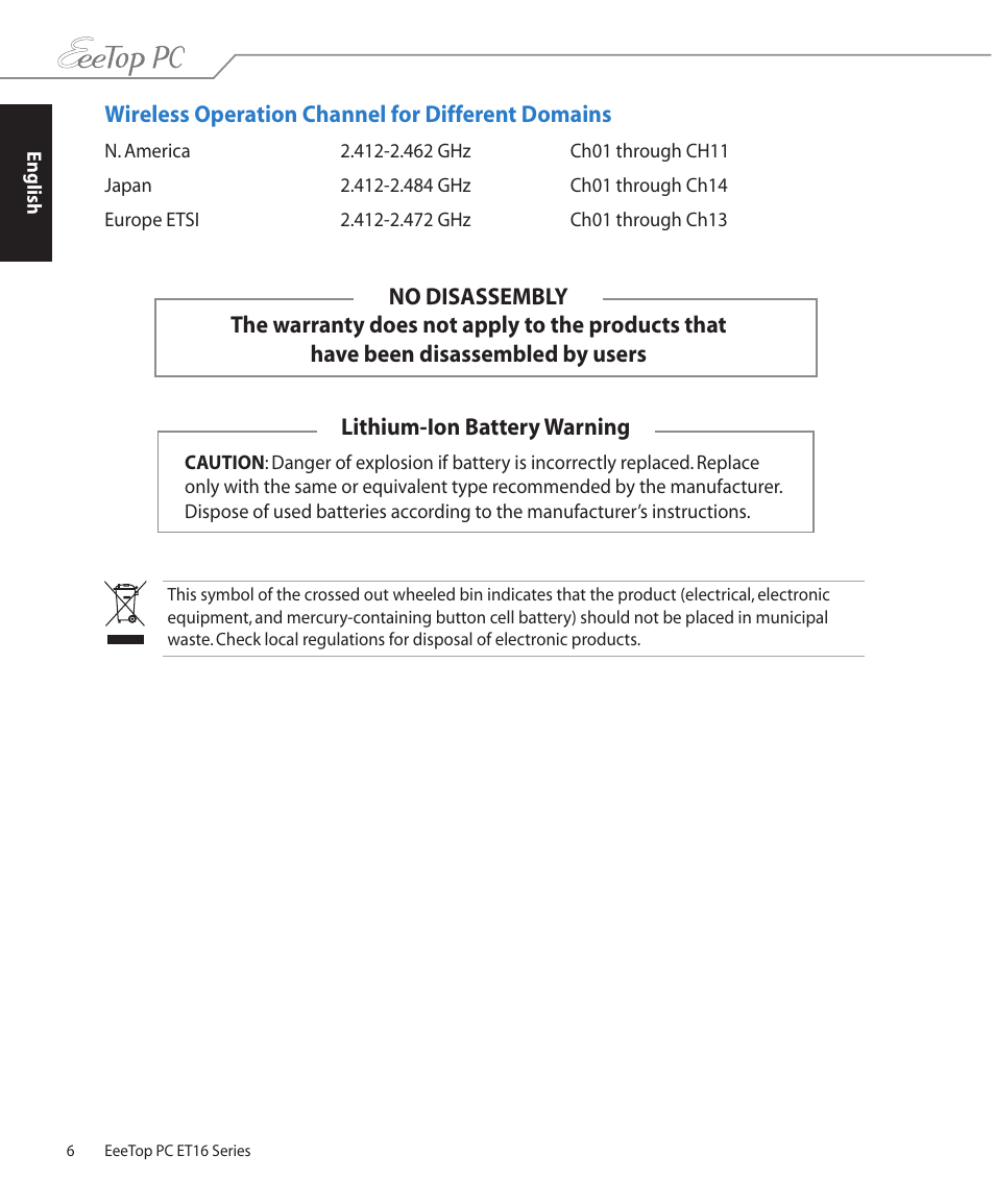 Wireless operation channel for different domains | Asus ET1602C User Manual | Page 6 / 36