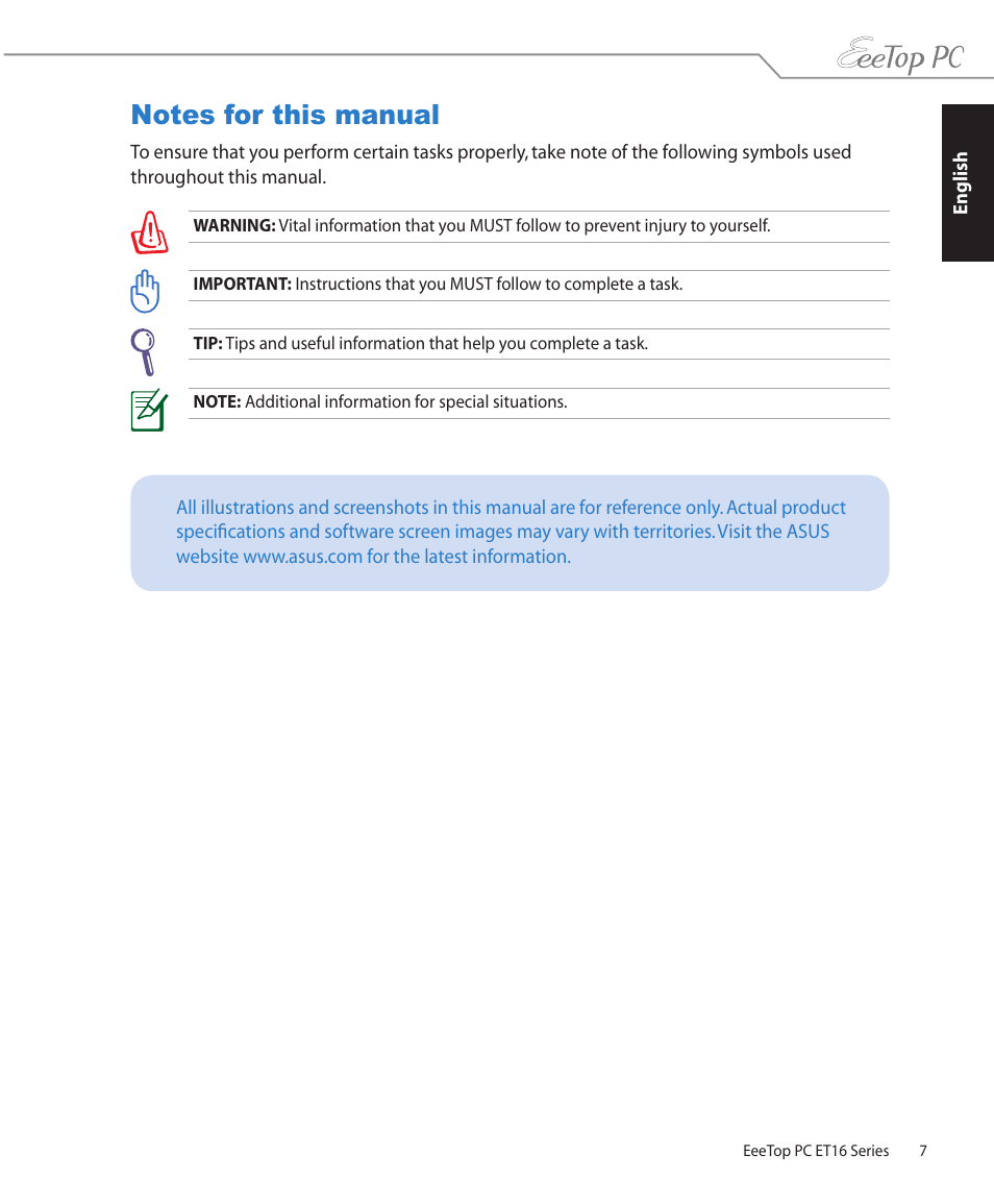 Notes for this manual | Asus ET1602C User Manual | Page 7 / 36