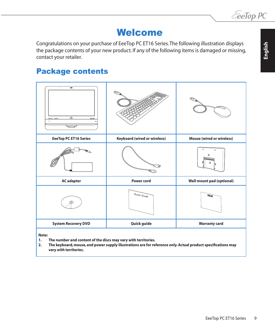 Welcome, Package contents | Asus ET1602C User Manual | Page 9 / 36