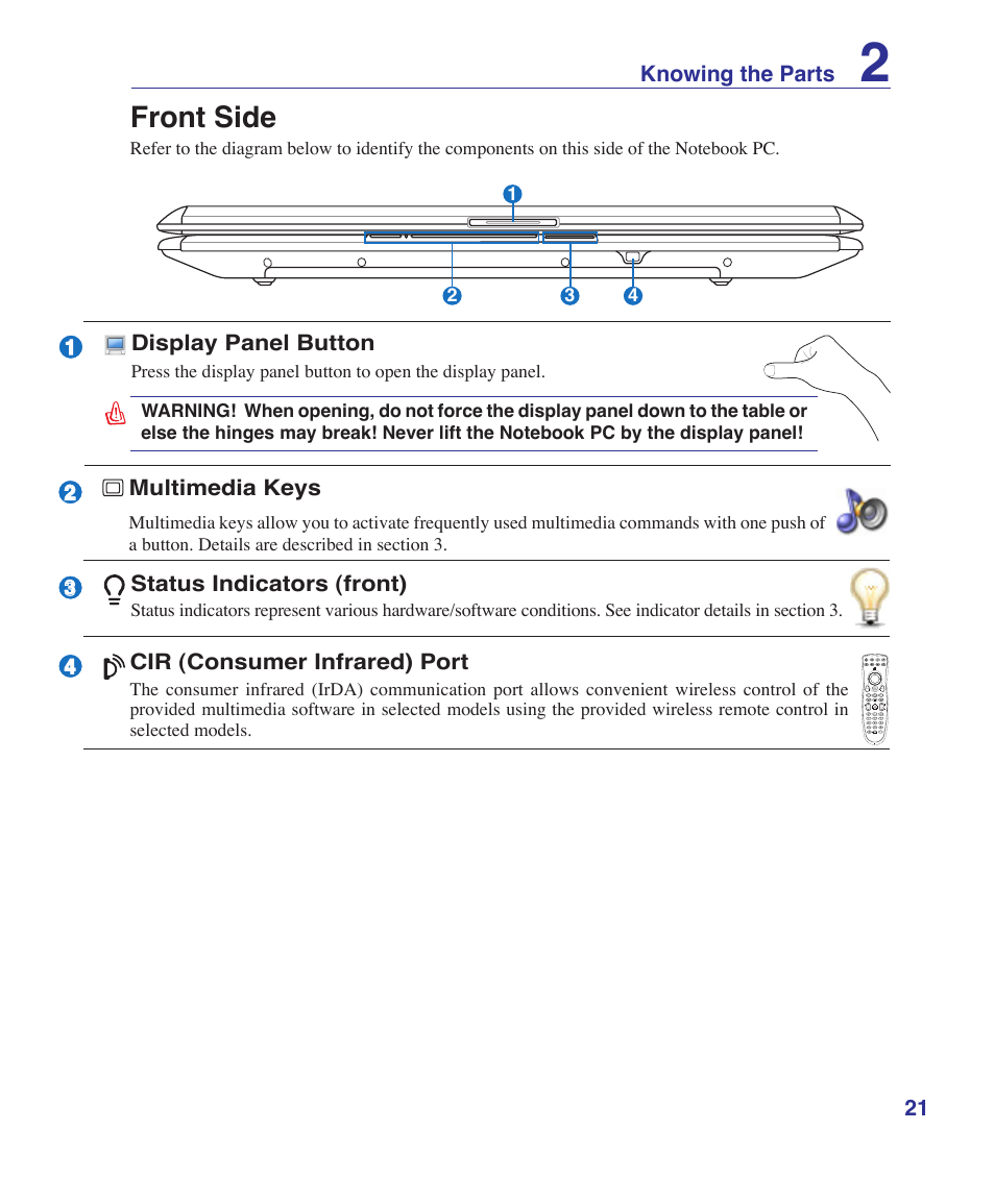 Front side, 21 knowing the parts, Cir (consumer infrared) port | Status indicators (front), Display panel button, Multimedia keys | Asus G2K User Manual | Page 21 / 81