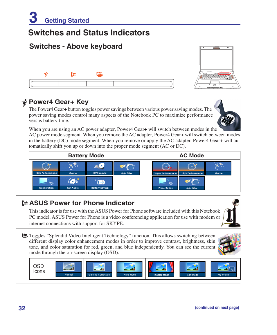 Switches and status indicators, Switches - above keyboard | Asus G2K User Manual | Page 32 / 81