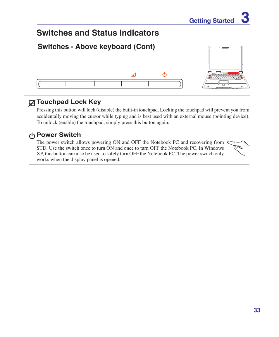 Switches and status indicators | Asus G2K User Manual | Page 33 / 81