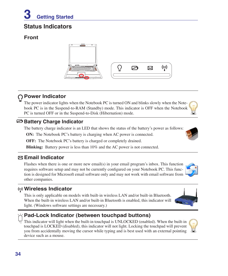 Status indicators | Asus G2K User Manual | Page 34 / 81