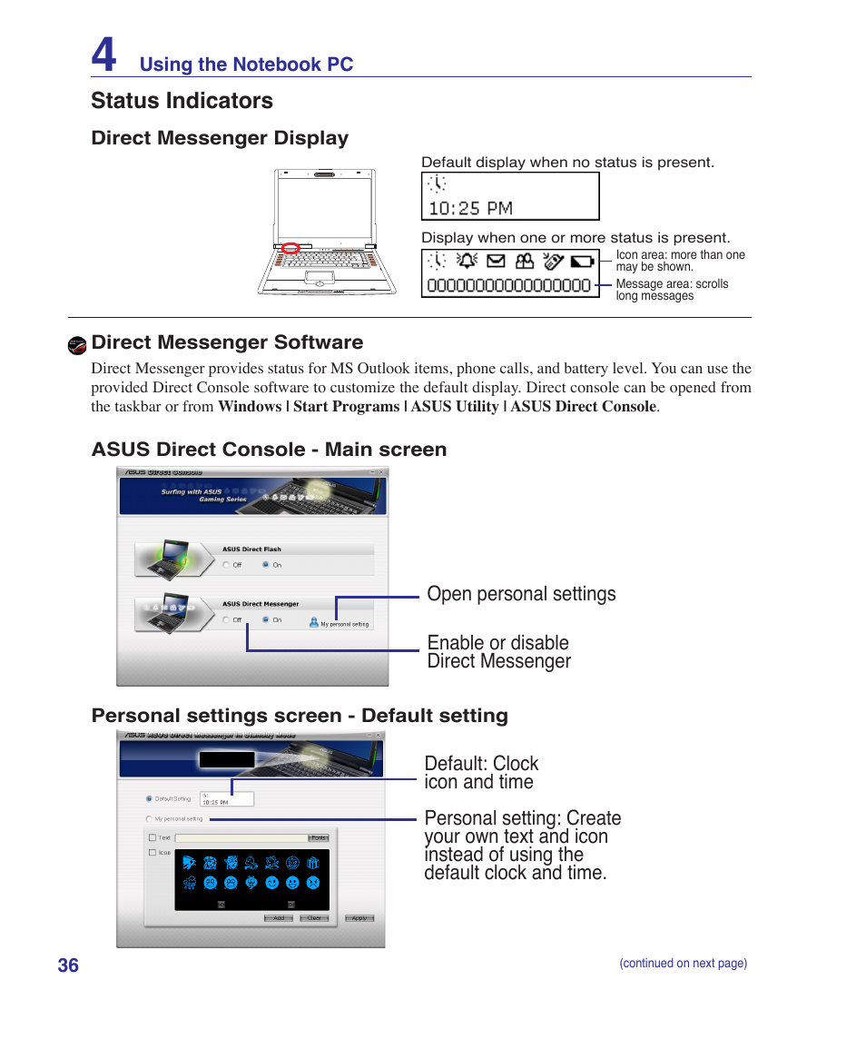 Status indicators | Asus G2K User Manual | Page 36 / 81