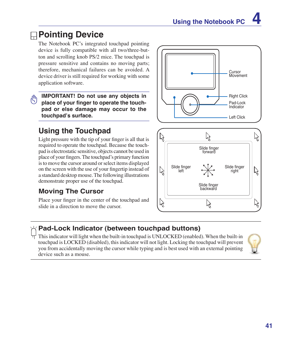 Pointing device, Using the touchpad | Asus G2K User Manual | Page 41 / 81