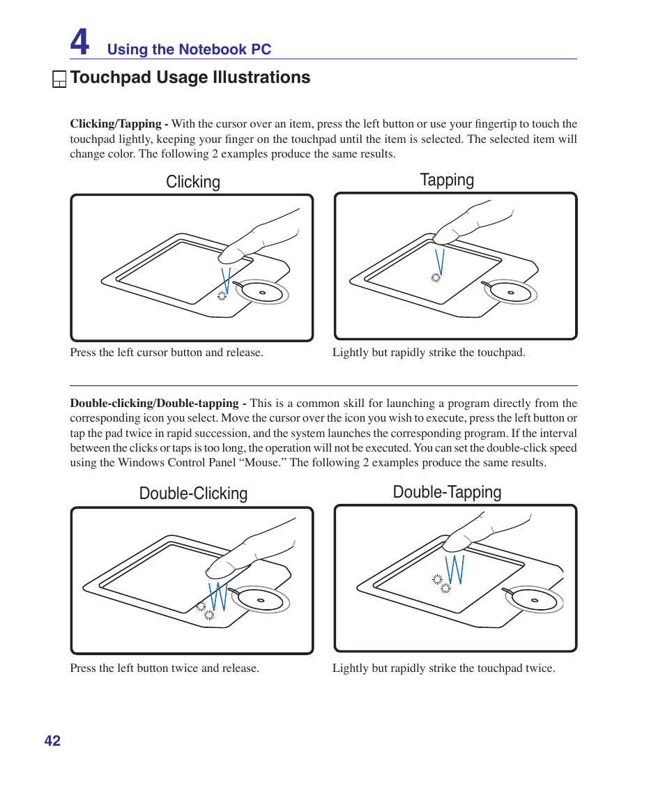 Touchpad usage illustrations | Asus G2K User Manual | Page 42 / 81