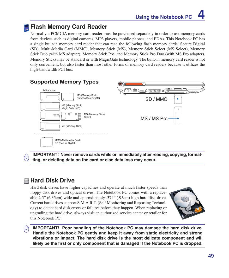 Flash memory card reader, Hard disk drive | Asus G2K User Manual | Page 49 / 81