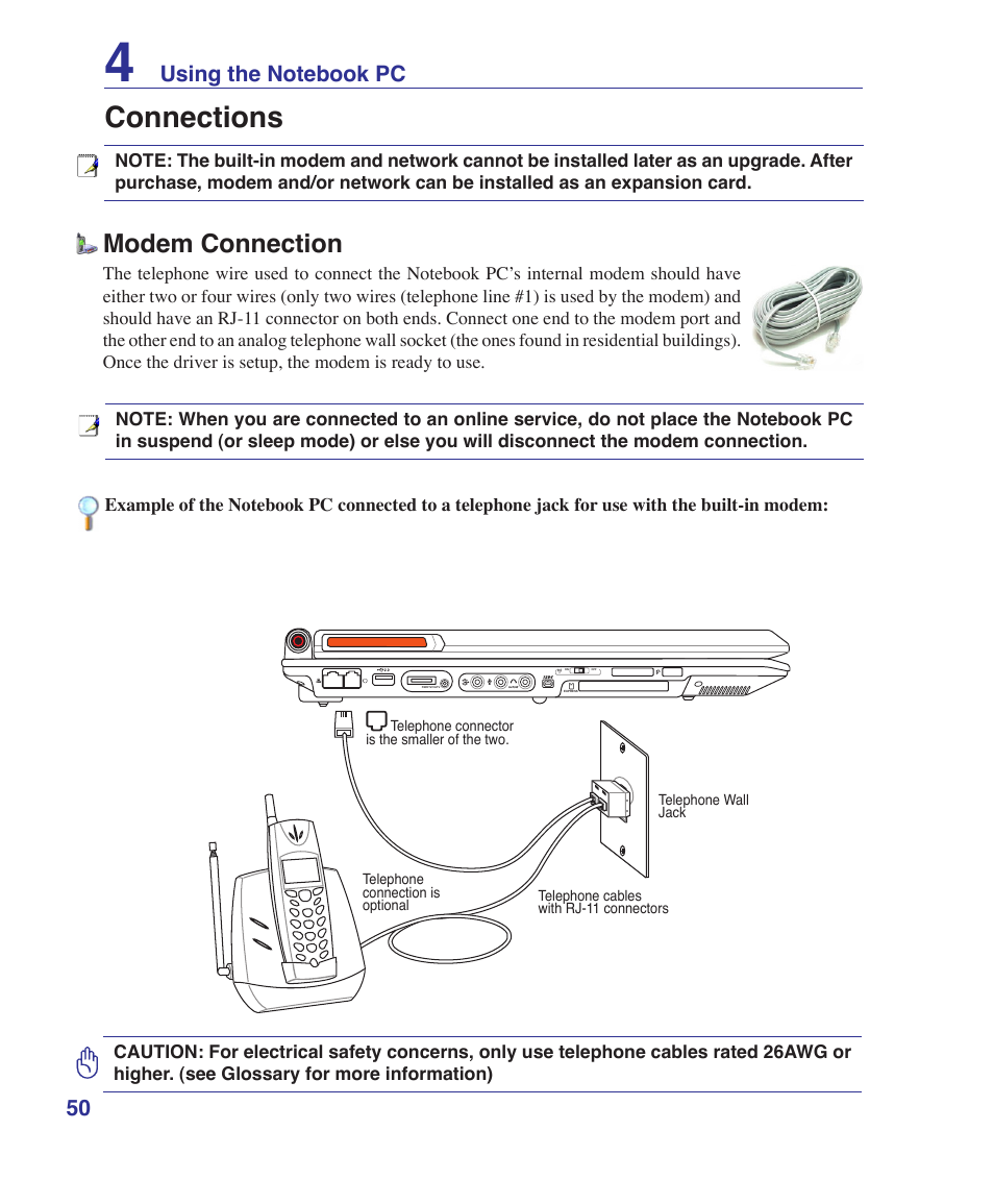 Connections, Modem connection | Asus G2K User Manual | Page 50 / 81