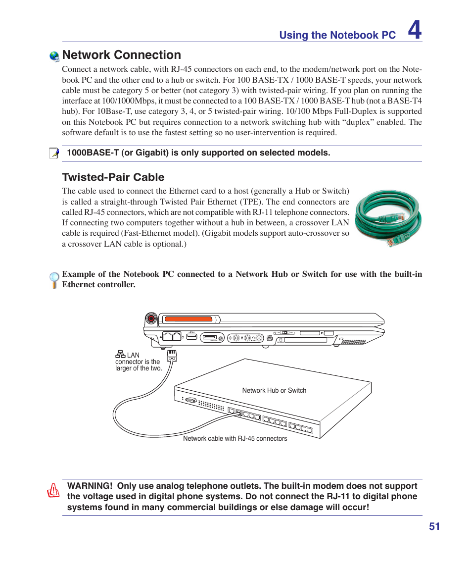 Network connection, Twisted-pair cable | Asus G2K User Manual | Page 51 / 81