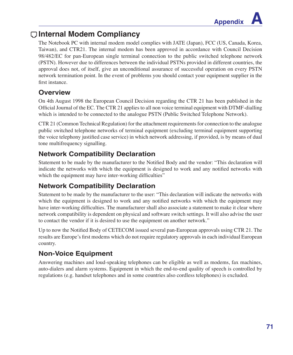 Internal modem compliancy | Asus G2K User Manual | Page 71 / 81