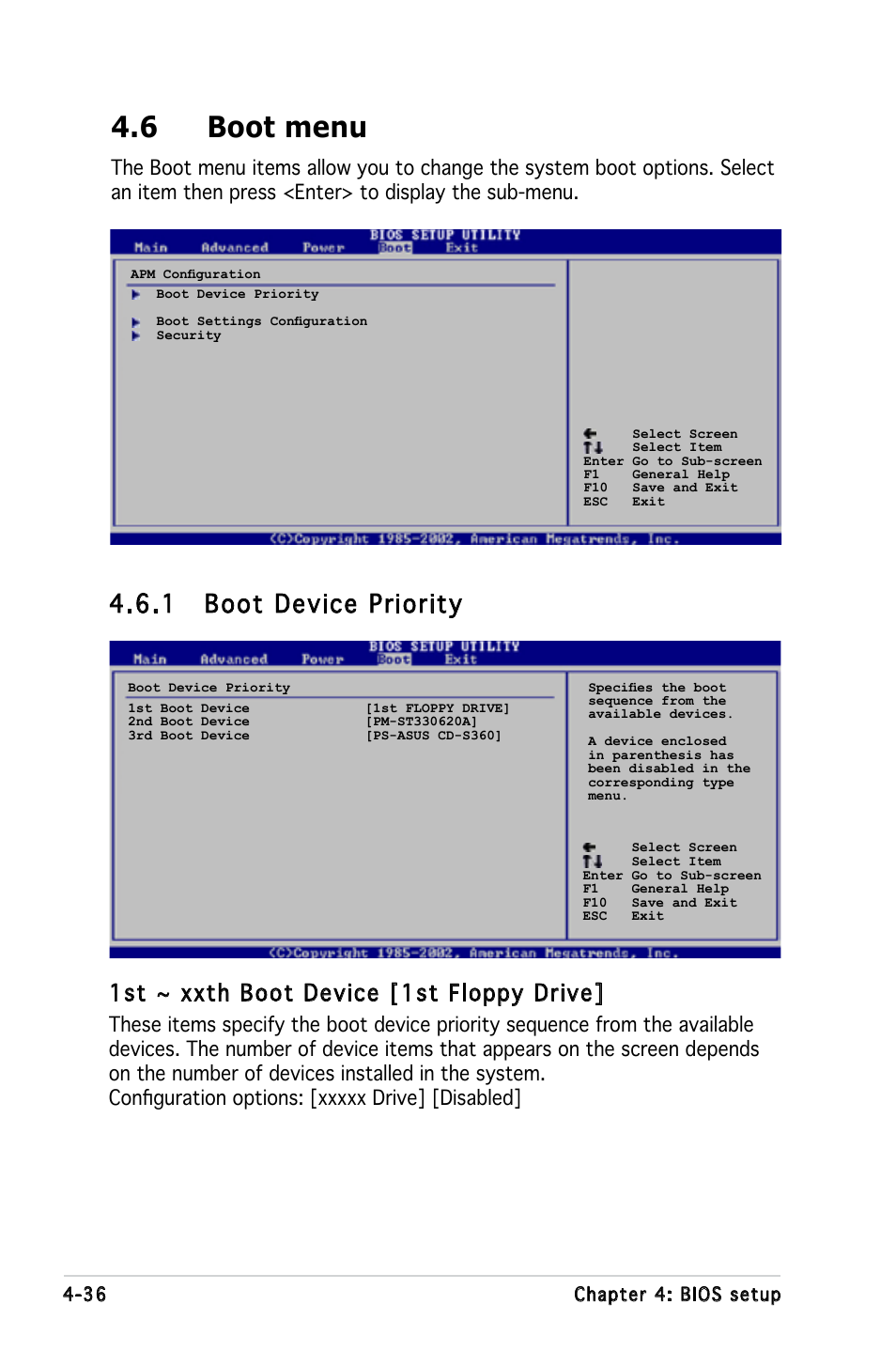 6 boot menu, 1 boot device priority, 1st ~ xxth boot device [1st floppy drive | Asus KFN5-D SLI User Manual | Page 102 / 146