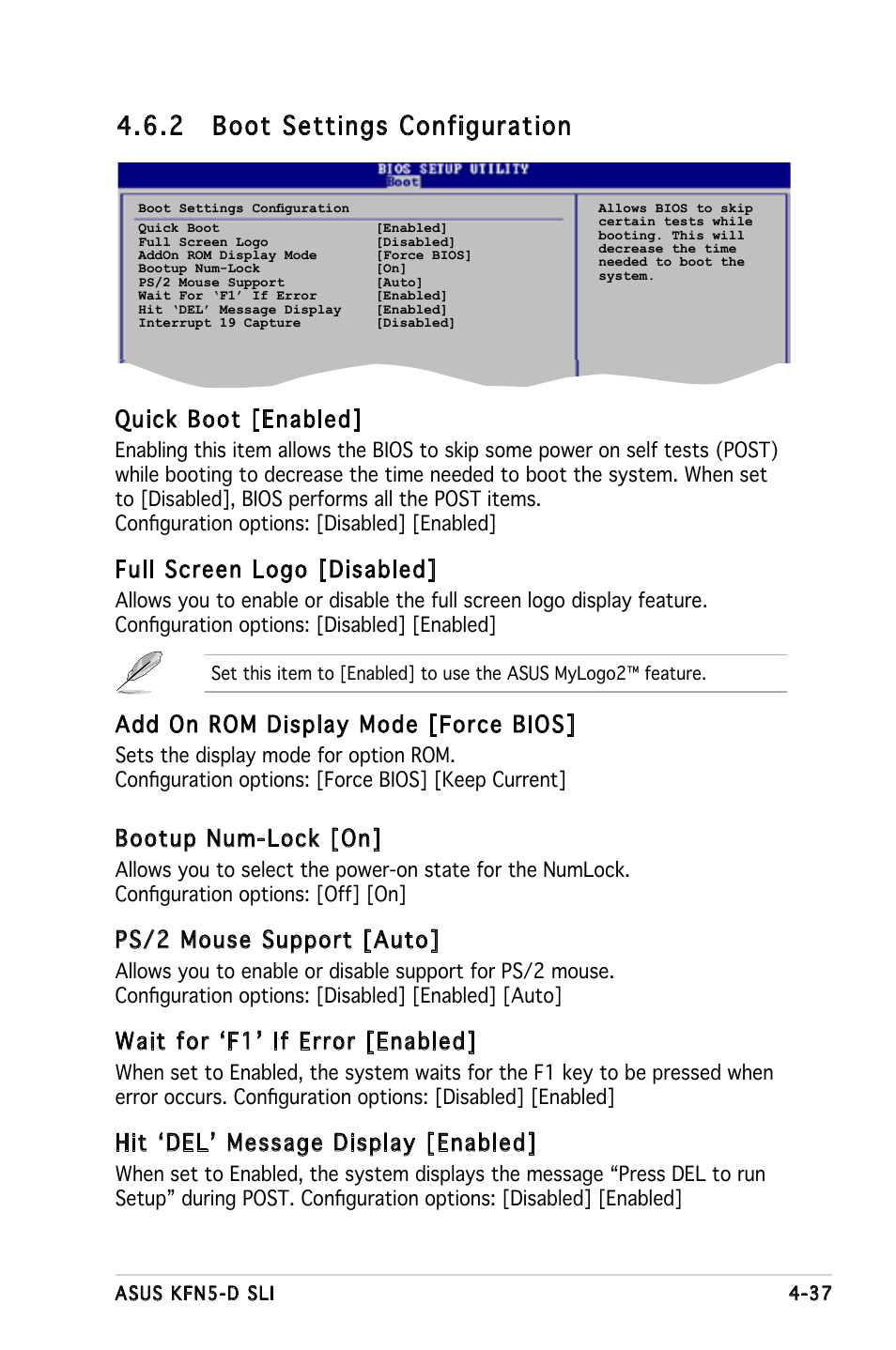 2 boot settings configuration, Quick boot [enabled, Full screen logo [disabled | Add on rom display mode [force bios, Bootup num-lock [on, Ps/2 mouse support [auto, Wait for ‘f1’ if error [enabled, Hit ‘del’ message display [enabled | Asus KFN5-D SLI User Manual | Page 103 / 146