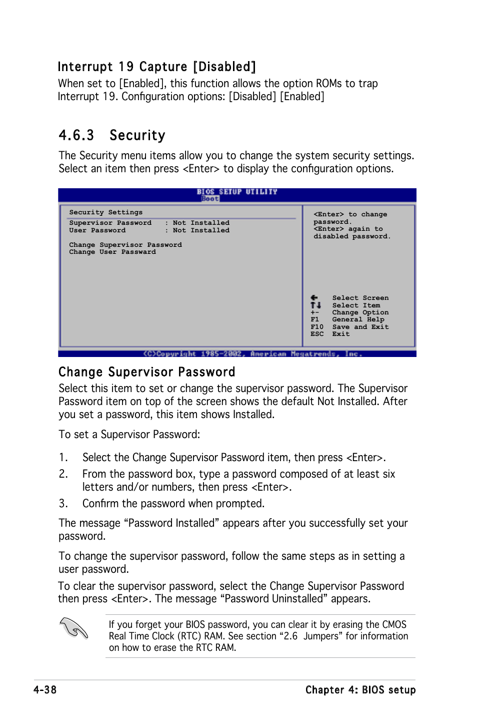 3 security, Change supervisor password, Interrupt 19 capture [disabled | Asus KFN5-D SLI User Manual | Page 104 / 146