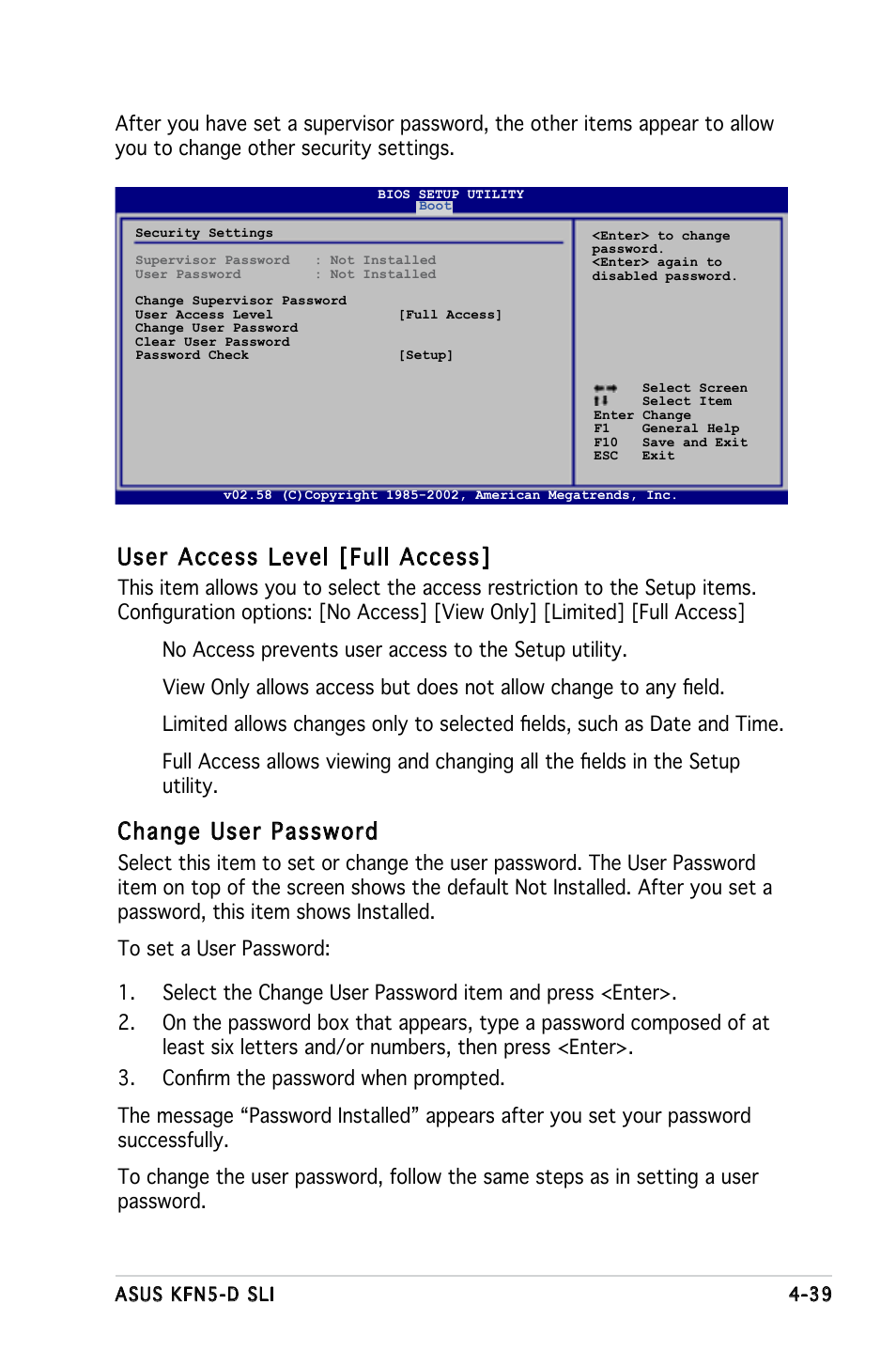 User access level [full access, Change user password | Asus KFN5-D SLI User Manual | Page 105 / 146