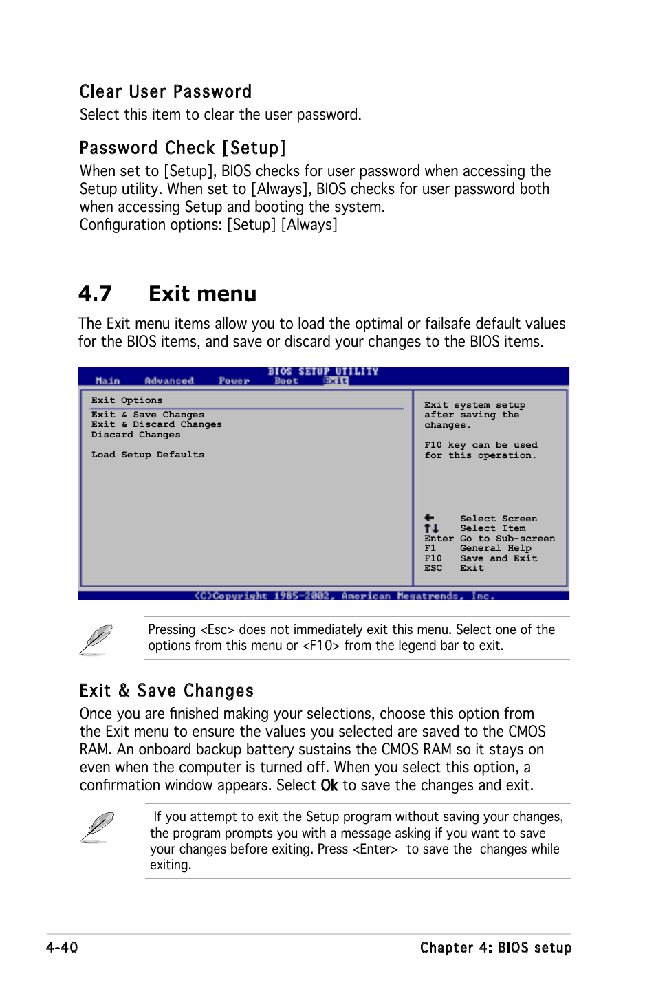 7 exit menu, Clear user password, Password check [setup | Exit & save changes | Asus KFN5-D SLI User Manual | Page 106 / 146