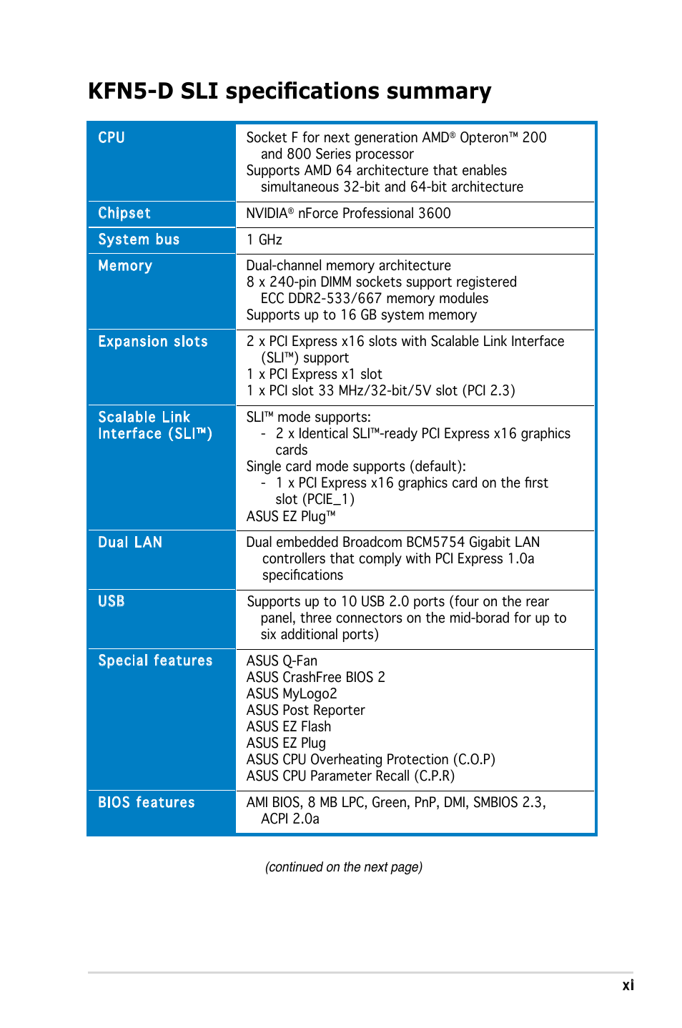 Kfn5-d sli specifications summary | Asus KFN5-D SLI User Manual | Page 11 / 146