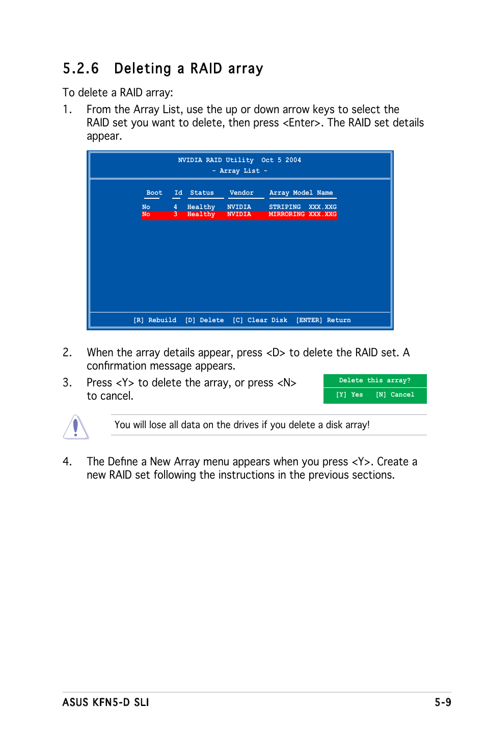 6 deleting a raid array | Asus KFN5-D SLI User Manual | Page 119 / 146