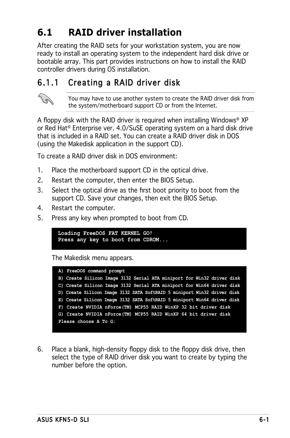 1 raid driver installation, 1 creating a raid driver disk | Asus KFN5-D SLI User Manual | Page 131 / 146