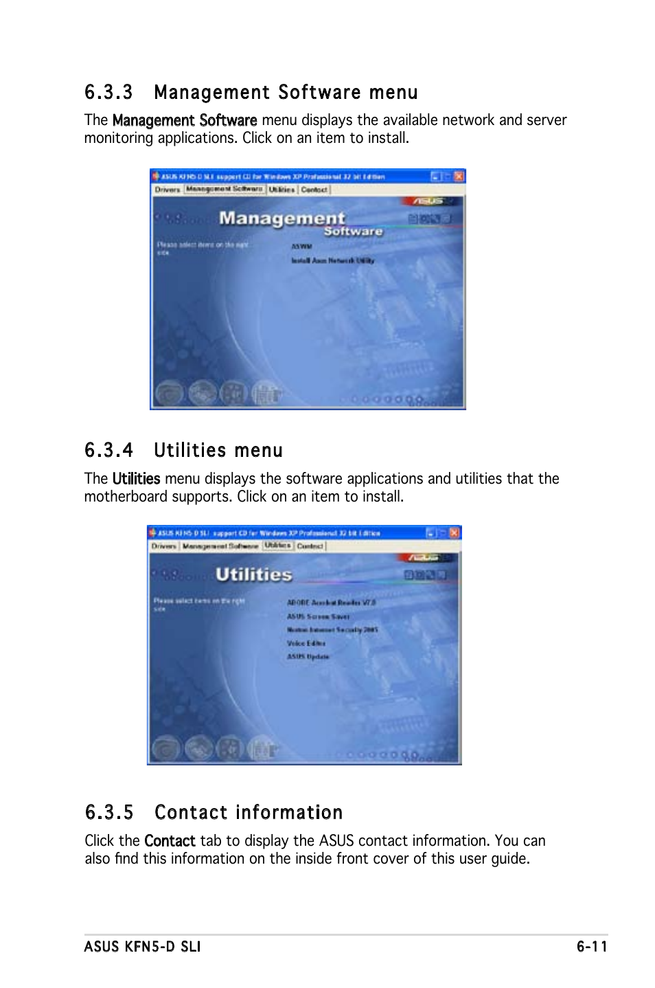 3 management software menu, 4 utilities menu, 5 contact information | Asus KFN5-D SLI User Manual | Page 141 / 146