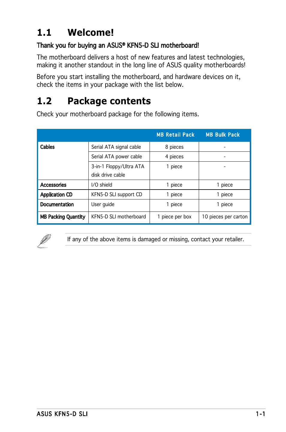 1 welcome, 2 package contents | Asus KFN5-D SLI User Manual | Page 15 / 146