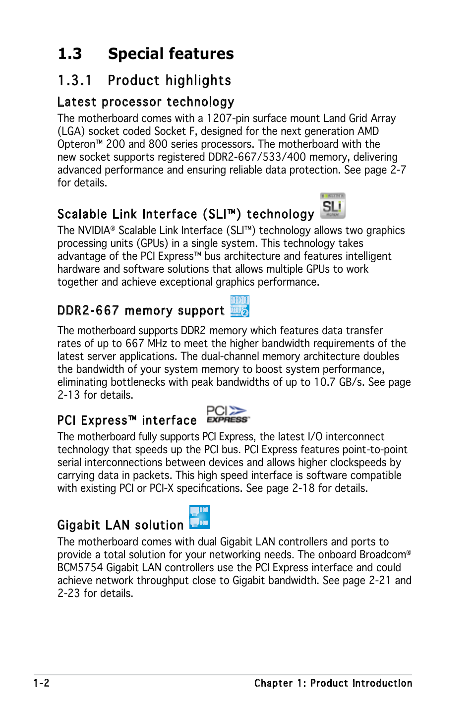 3 special features, 1 product highlights | Asus KFN5-D SLI User Manual | Page 16 / 146