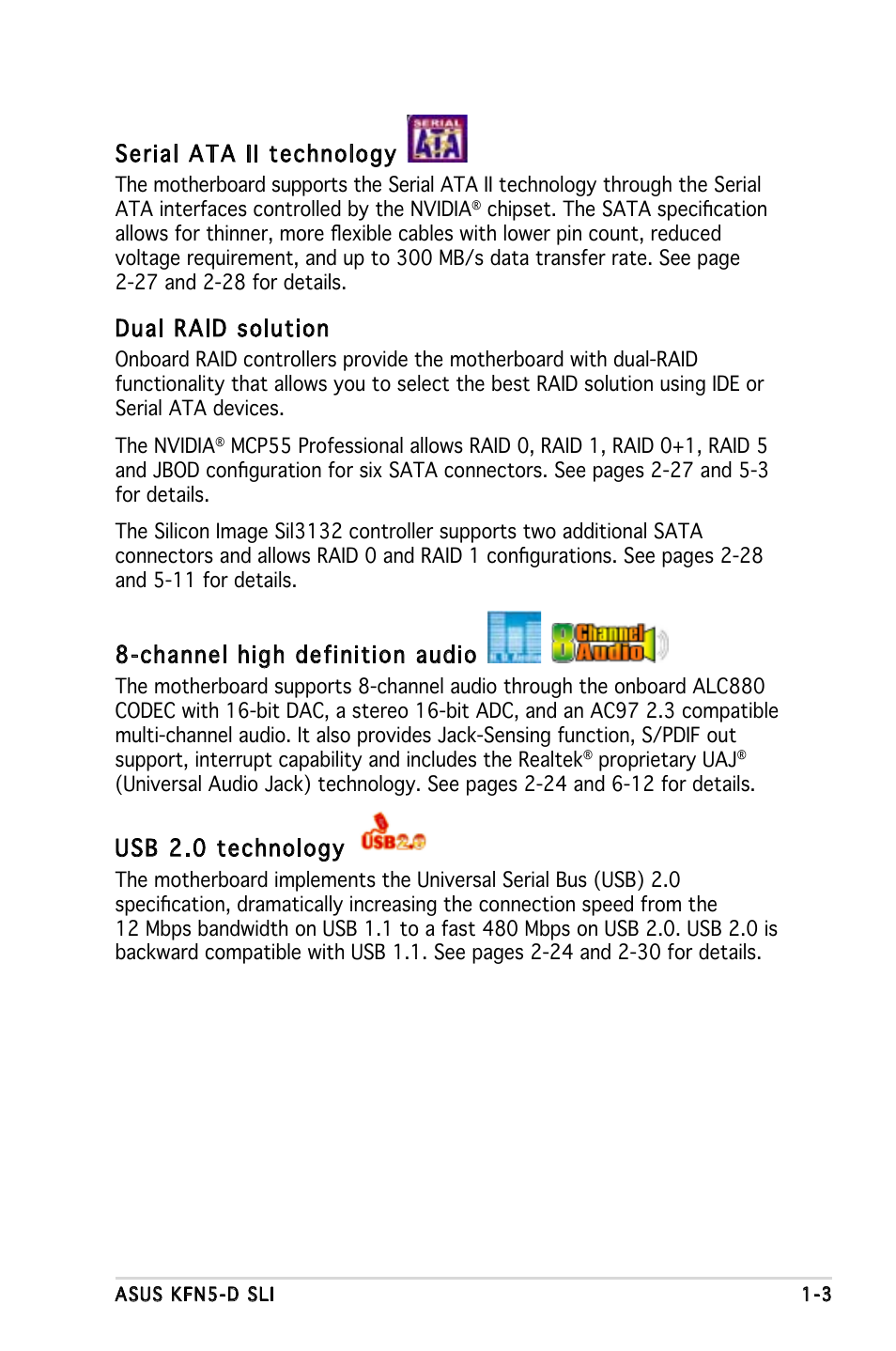 Serial ata ii technology, Dual raid solution, Channel high definition audio | Usb 2.0 technology | Asus KFN5-D SLI User Manual | Page 17 / 146