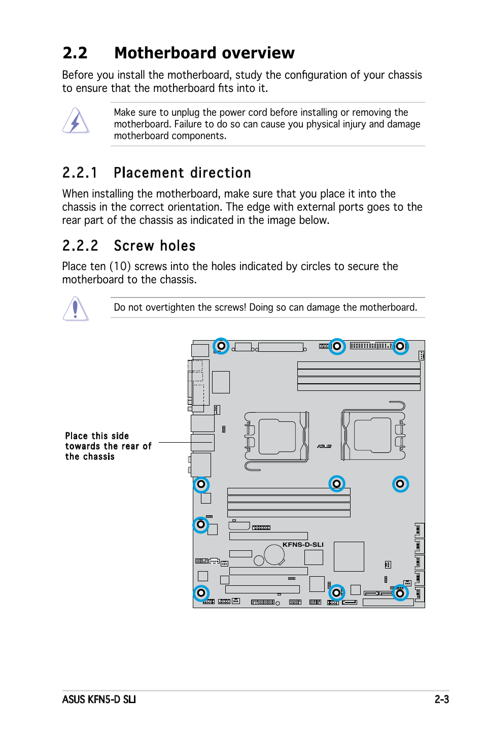 2 motherboard overview, 1 placement direction, 2 screw holes | Asus KFN5-D SLI User Manual | Page 23 / 146