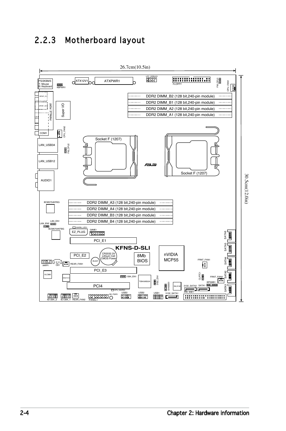 3 motherboard layout, 4 chapter 2: hardware information, Kfns-d-sli | Nvidia mcp55 8mb bios, Pci4 | Asus KFN5-D SLI User Manual | Page 24 / 146