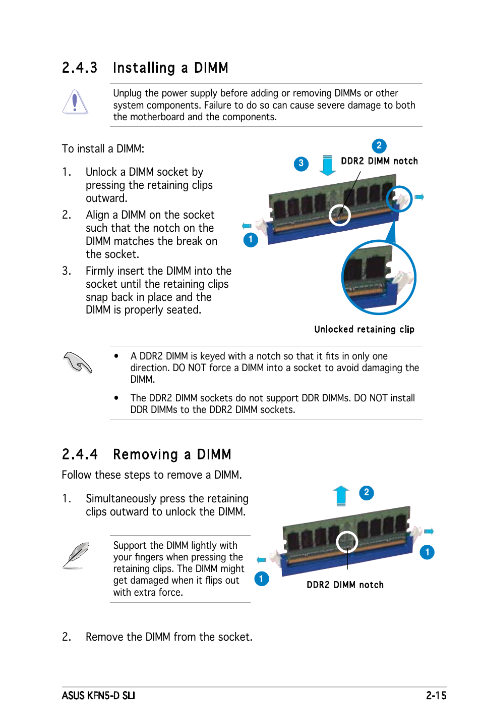 3 installing a dimm, 4 removing a dimm | Asus KFN5-D SLI User Manual | Page 35 / 146