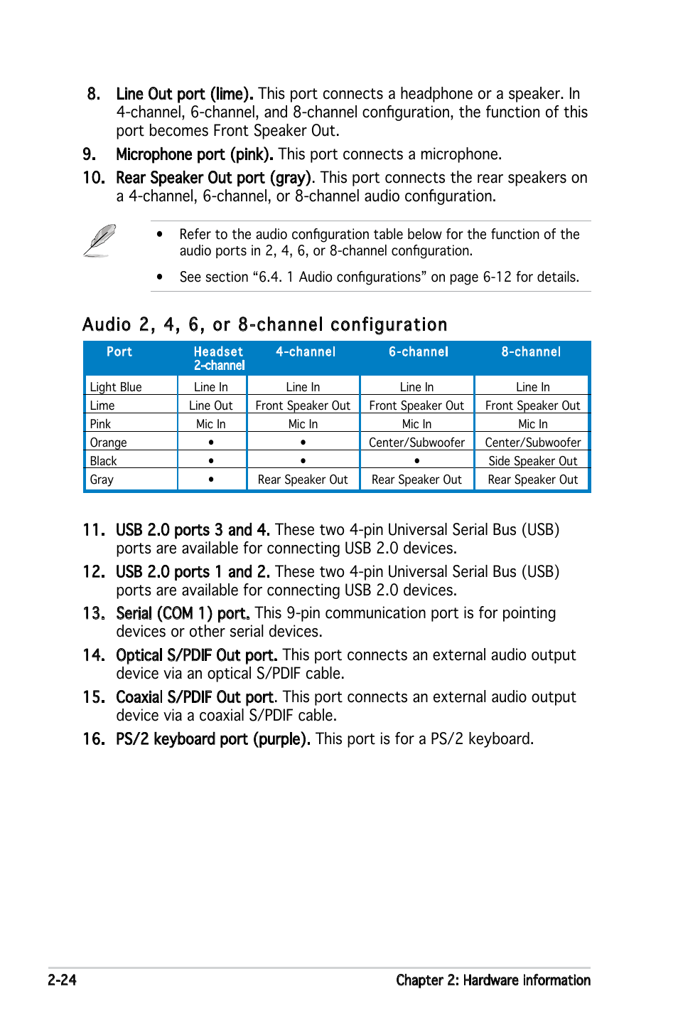 Audio 2, 4, 6, or 8-channel configuration | Asus KFN5-D SLI User Manual | Page 44 / 146