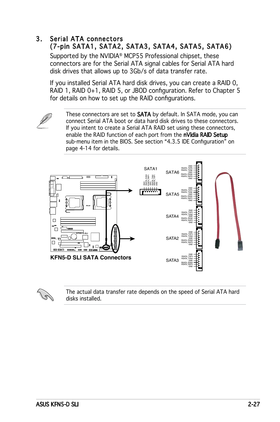 Asus kfn5-d sli 2-27, Kfn5-d sli sata connectors, Sata6 | Sata5, Sata4, Sata2, Sata3, Sata1 | Asus KFN5-D SLI User Manual | Page 47 / 146