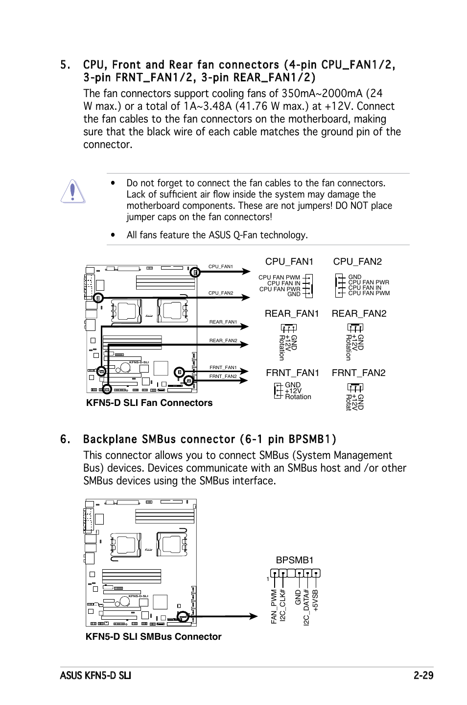 Asus kfn5-d sli 2-29, Frnt_f, Kfn5-d sli fan connectors | Rear_fan1 rear_fan2, Frnt_fan1 an2, Cpu_fan1, Cpu_fan2, Kfn5-d sli smbus connector bpsmb1 | Asus KFN5-D SLI User Manual | Page 49 / 146