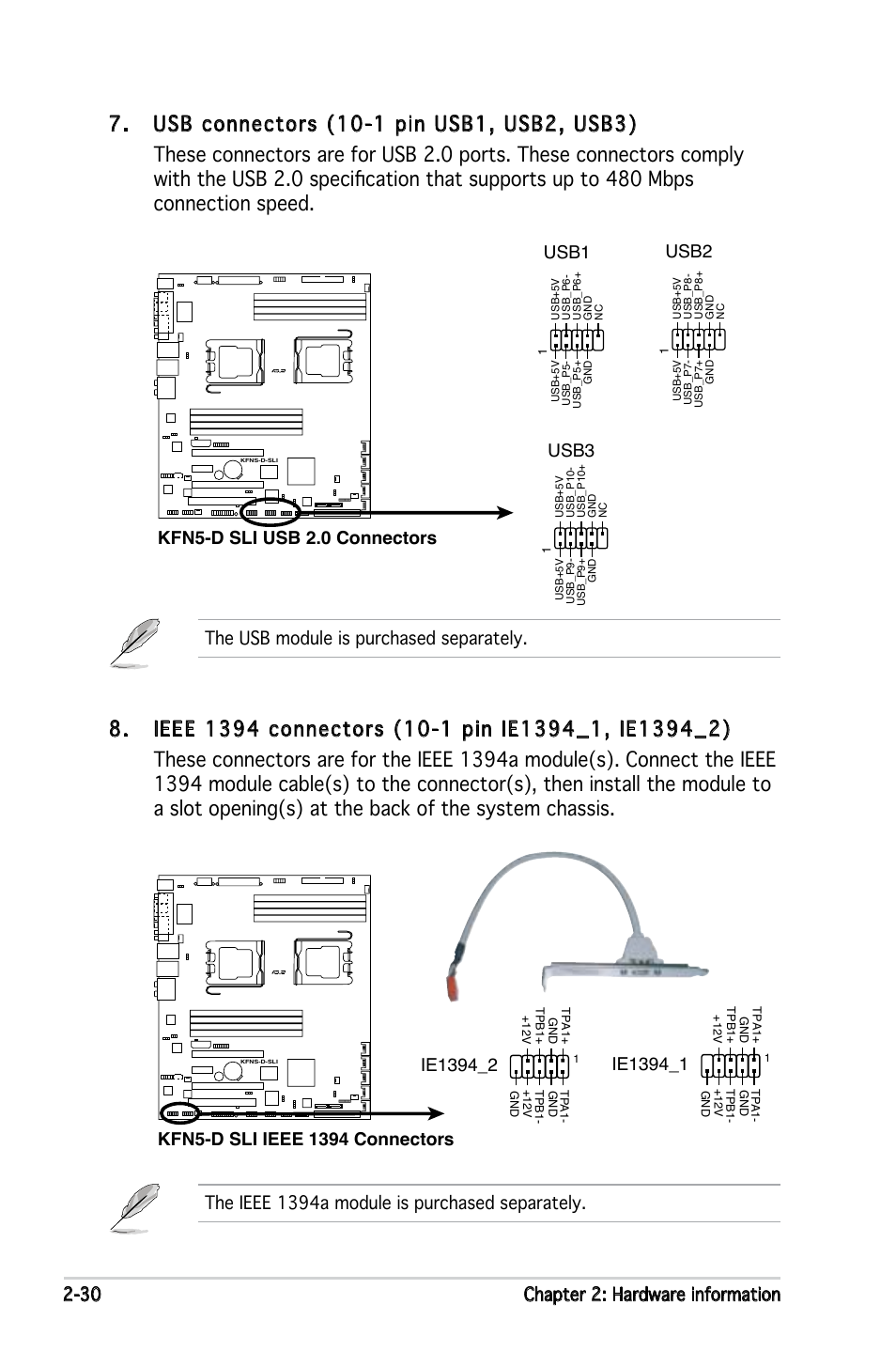 30 chapter 2: hardware information, Kfn5-d sli usb 2.0 connectors usb3, Usb2 | Usb1 | Asus KFN5-D SLI User Manual | Page 50 / 146