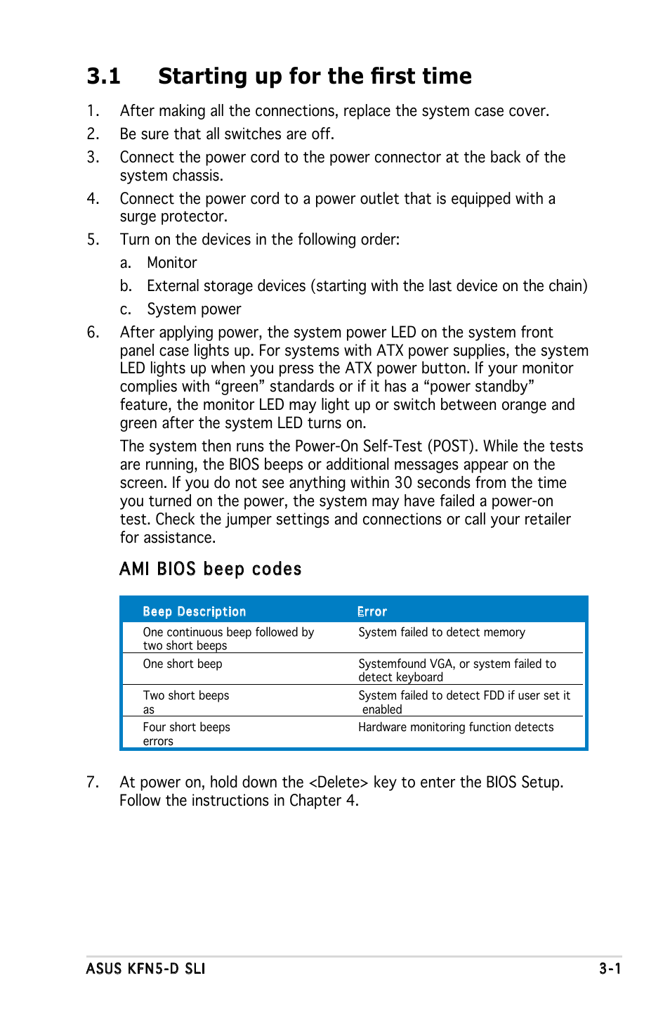 1 starting up for the first time, Ami bios beep codes | Asus KFN5-D SLI User Manual | Page 57 / 146