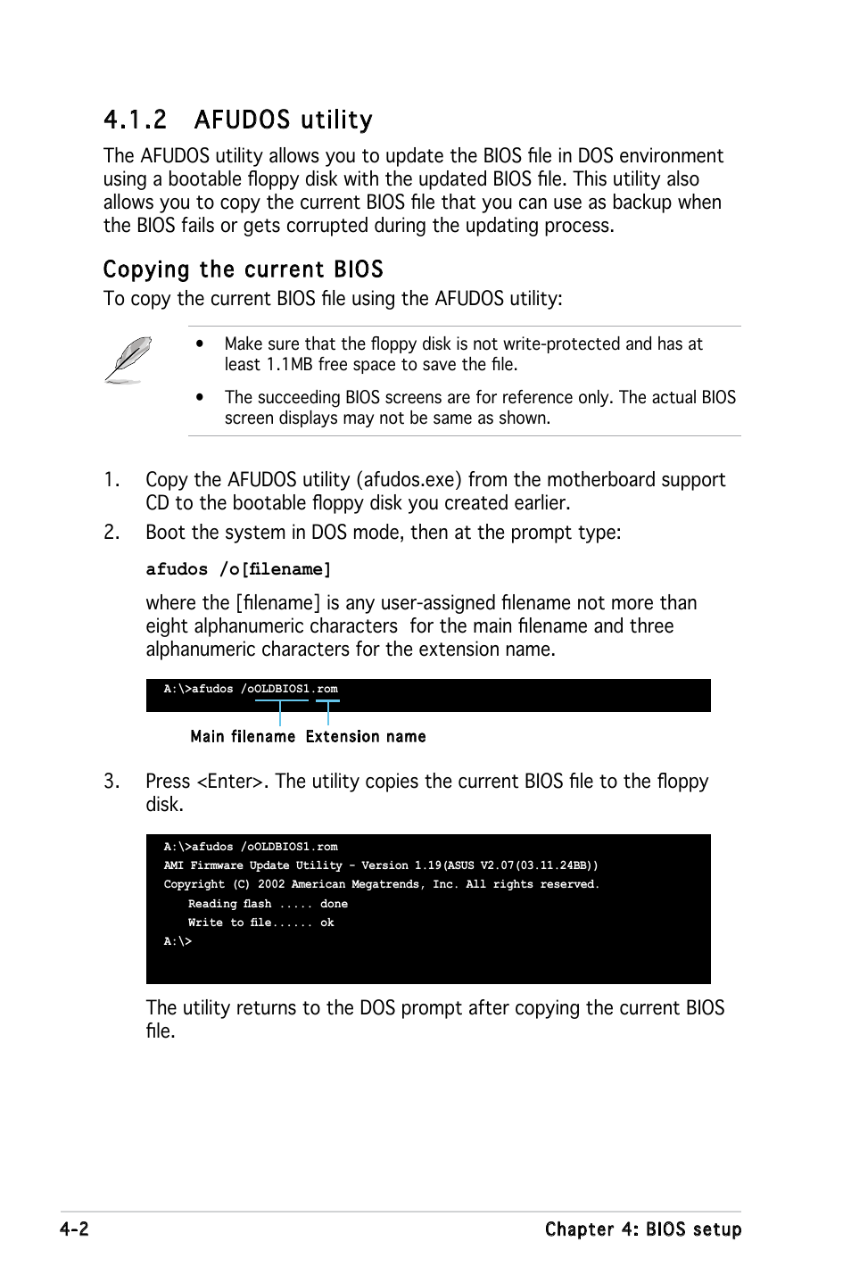 2 afudos utility, Copying the current bios | Asus KFN5-D SLI User Manual | Page 68 / 146