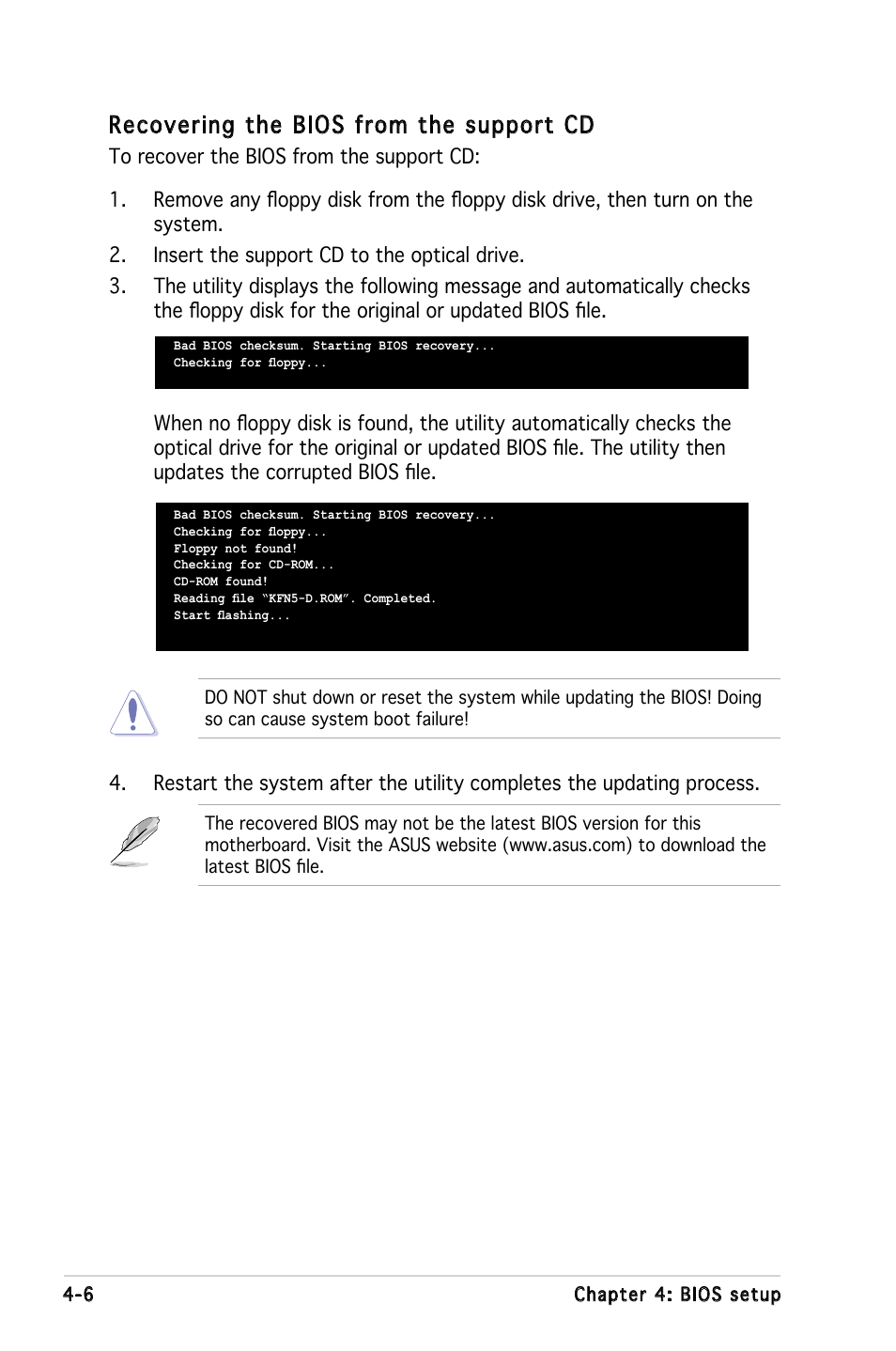 Recovering the bios from the support cd | Asus KFN5-D SLI User Manual | Page 72 / 146