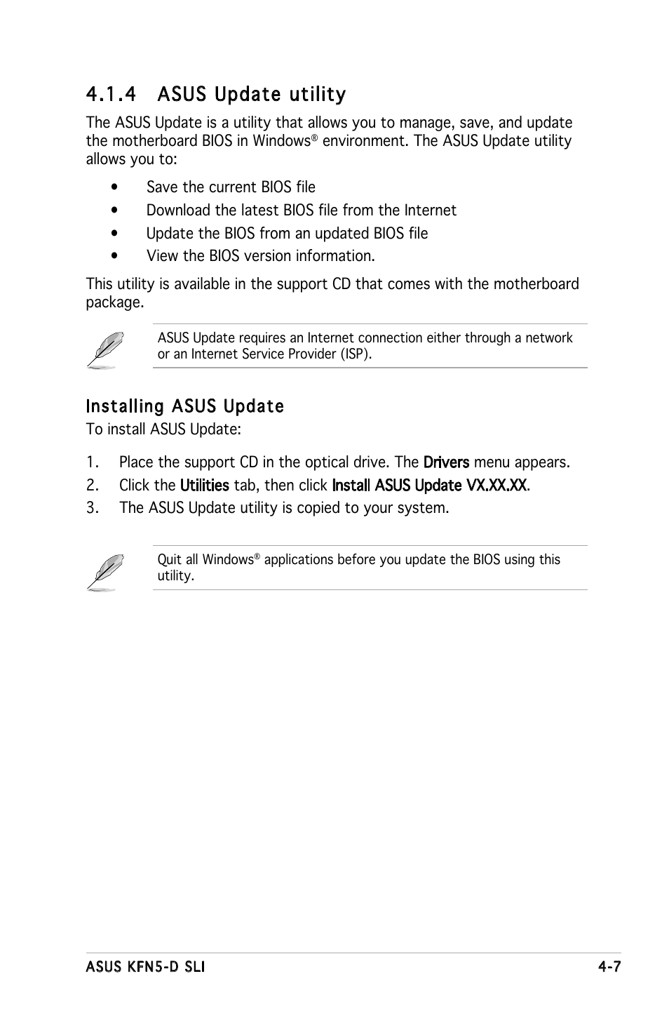 4 asus update utility, Installing asus update | Asus KFN5-D SLI User Manual | Page 73 / 146