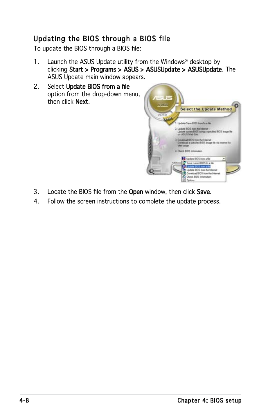 Updating the bios through a bios file | Asus KFN5-D SLI User Manual | Page 74 / 146